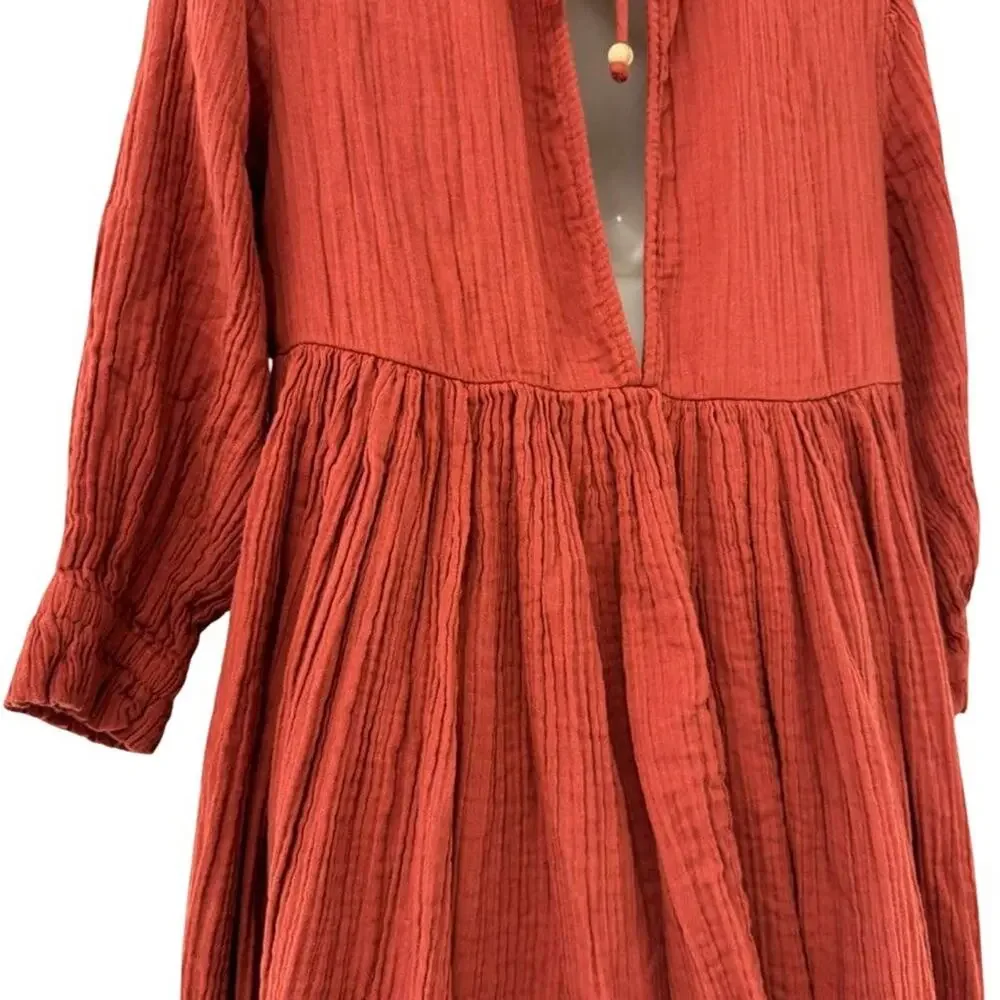Free People Mini Oversized 3/4 Sleeve Gauze Dress Dark Orange 100% Cotton sz XS